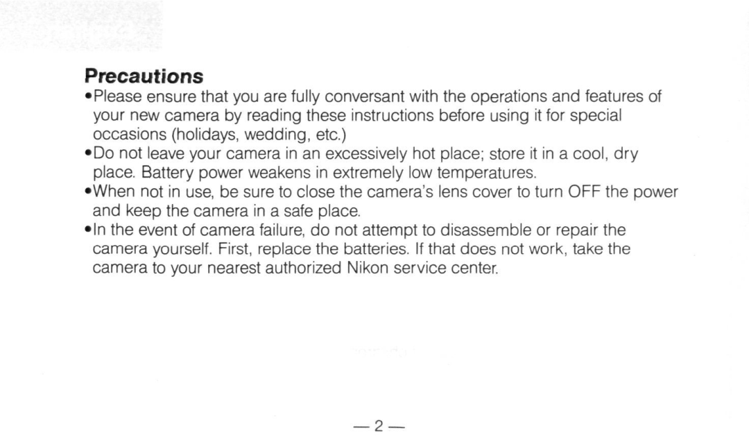 Nikon Not available instruction manual Precautions 