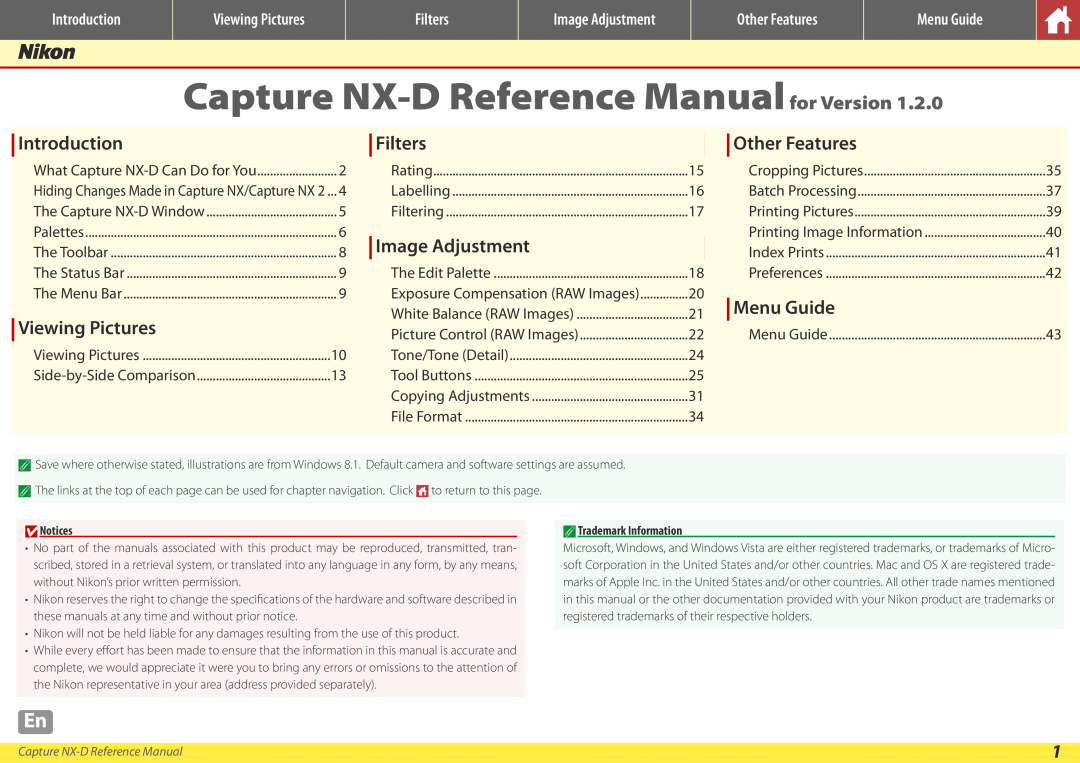 Nikon NX-D manual Introduction, Viewing Pictures, Filters, Image Adjustment, Other Features, Menu Guide 