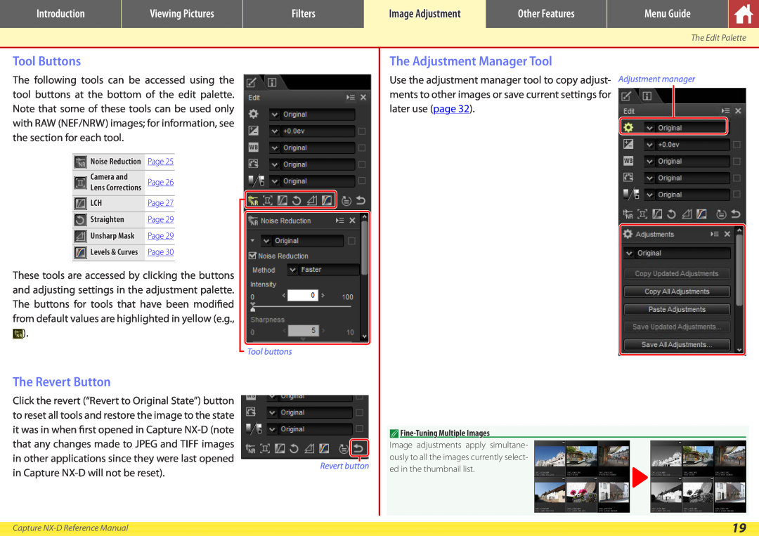 Nikon NX-D manual Tool Buttons, The Revert Button, The Adjustment Manager Tool, Introduction, Viewing Pictures, Filters 