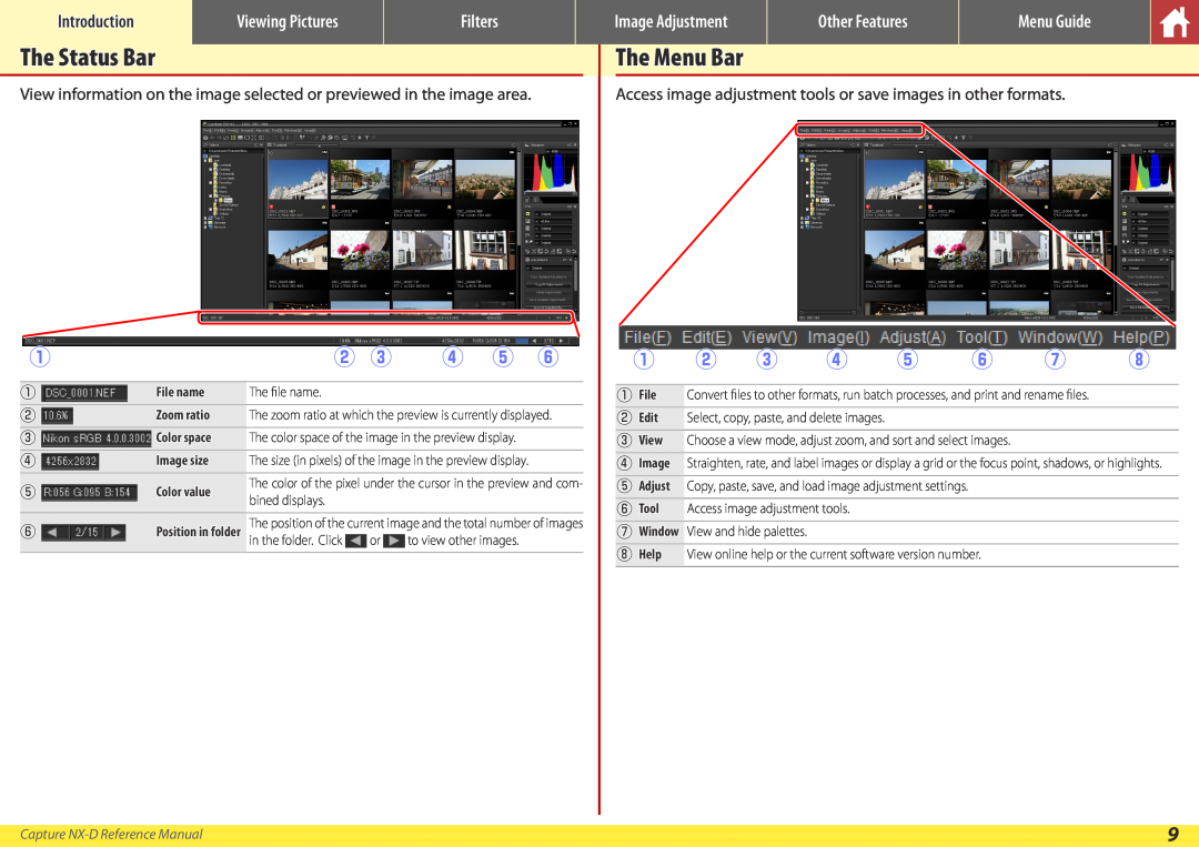Nikon NX-D The Status Bar, The Menu Bar, q w e r t y u, Introduction, Viewing Pictures, Image Adjustment, Other Features 