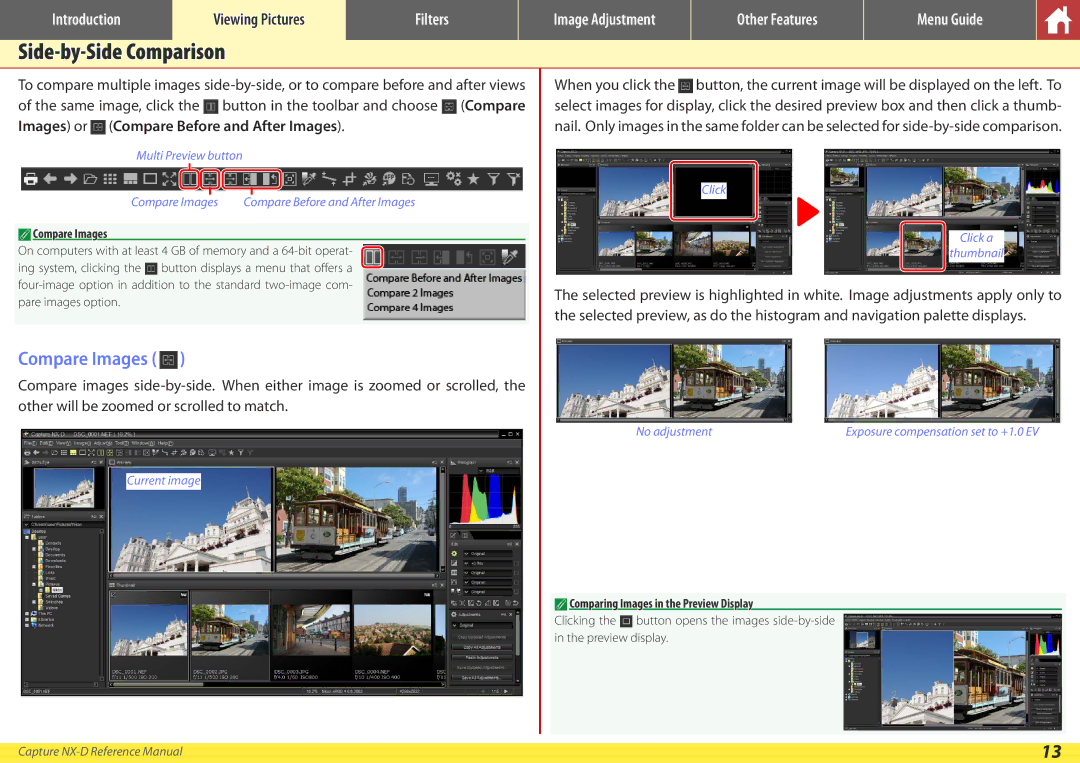 Nikon NX-D manual Side-by-Side Comparison, Compare Images, AComparing Images in the Preview Display 