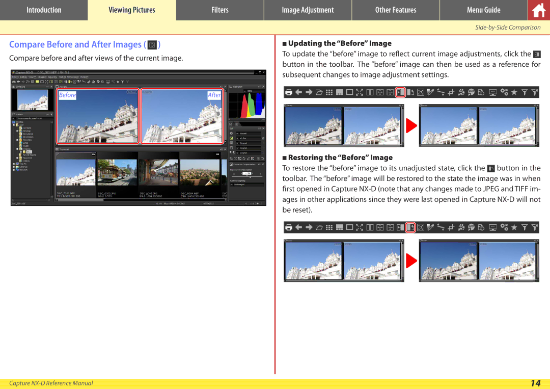 Nikon NX-D Compare Before and After Images, Compare before and after views of the current image, Updating the Before Image 