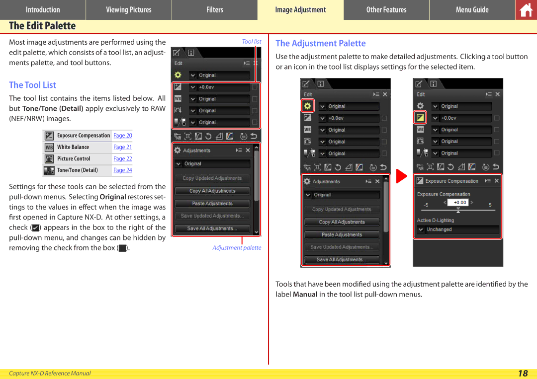 Nikon NX-D manual Edit Palette, Tool List, Adjustment Palette, Most image adjustments are performed using 