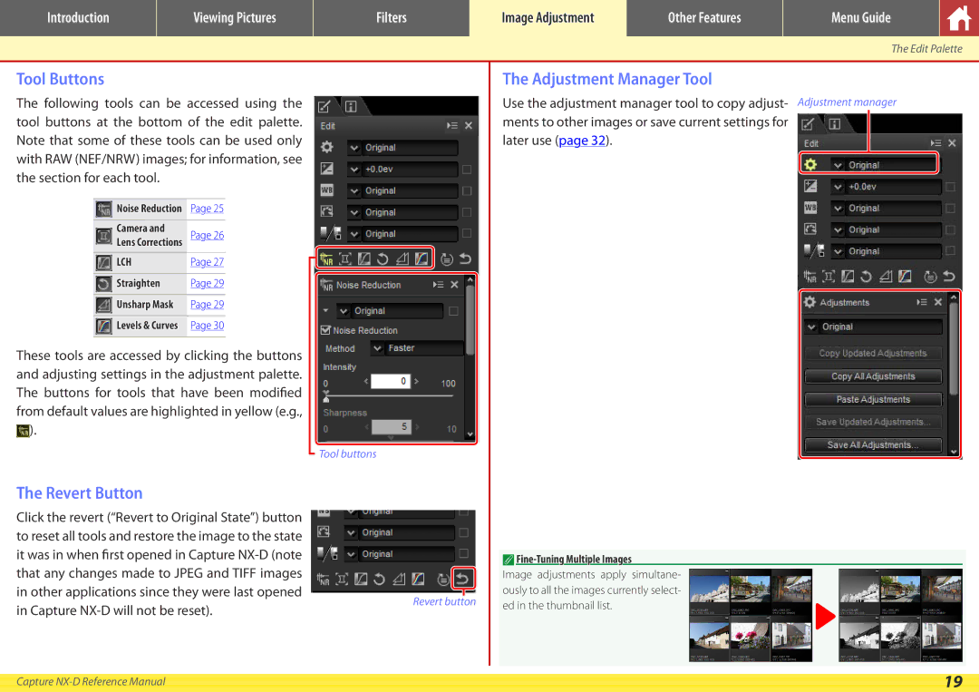 Nikon Tool Buttons, Revert Button, Adjustment Manager Tool, Capture NX-D will not be reset, Fine-Tuning Multiple Images 