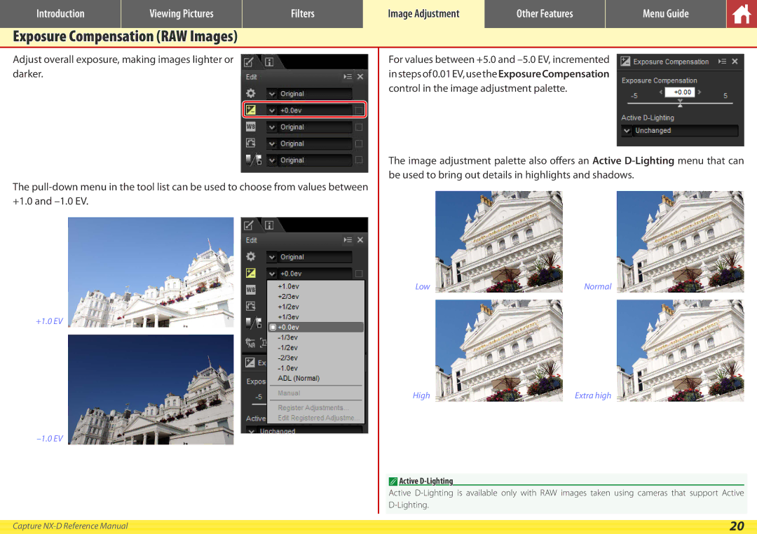 Nikon NX-D manual Exposure Compensation RAW Images, Active D-Lighting 