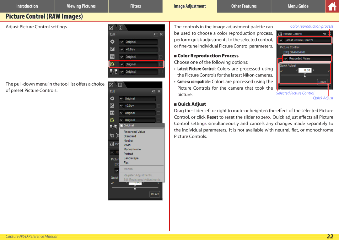 Nikon NX-D manual Picture Control RAW Images, Quick Adjust 