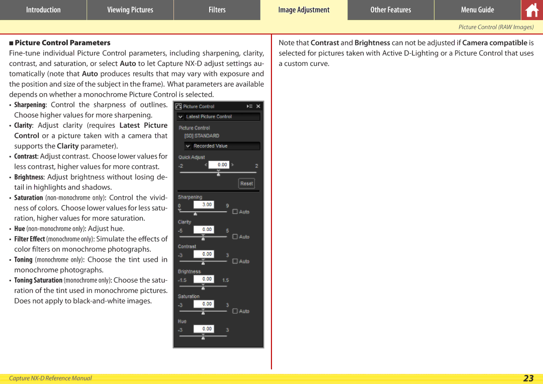 Nikon NX-D manual Picture Control Parameters, Hue non-monochrome only Adjust hue 