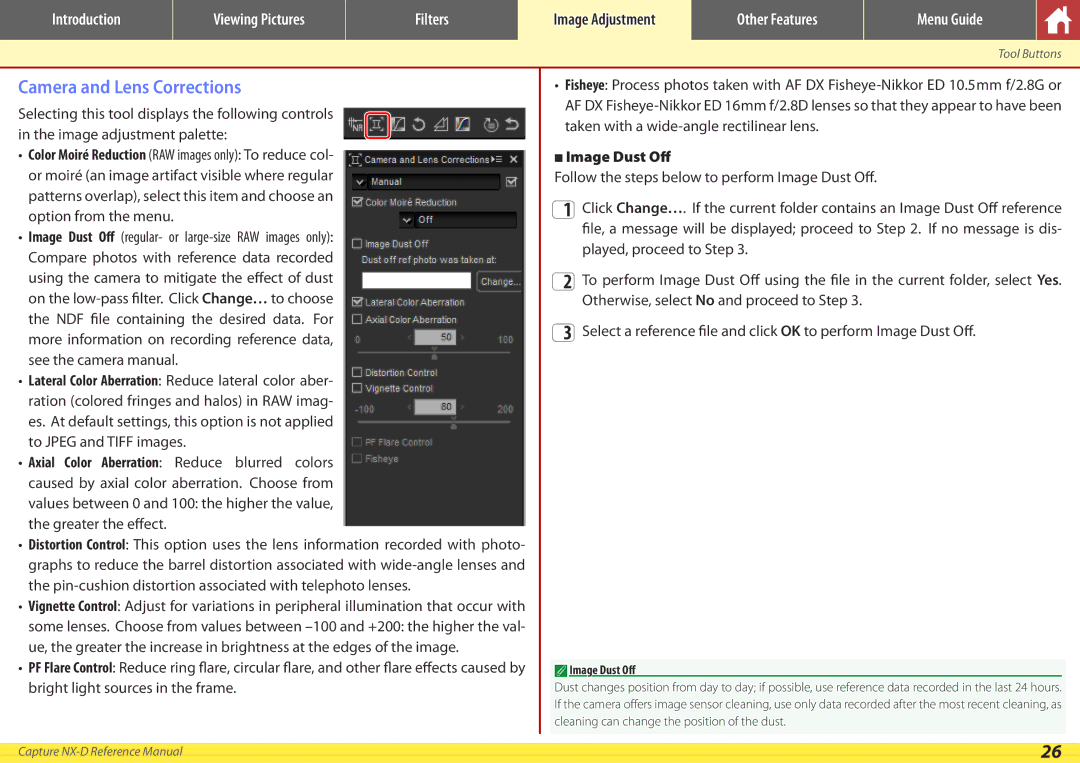 Nikon NX-D manual Camera and Lens Corrections, Image Dust Off 