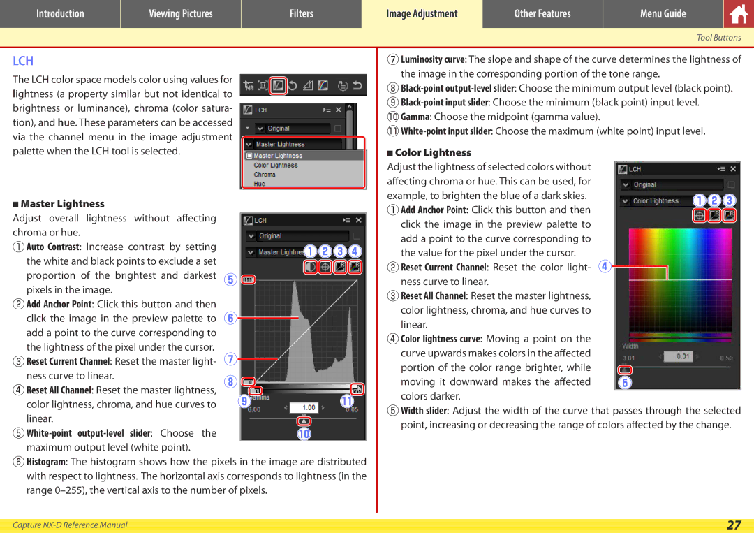 Nikon NX-D manual Master Lightness, Color Lightness, Moving it downward makes the affected Colors darker 