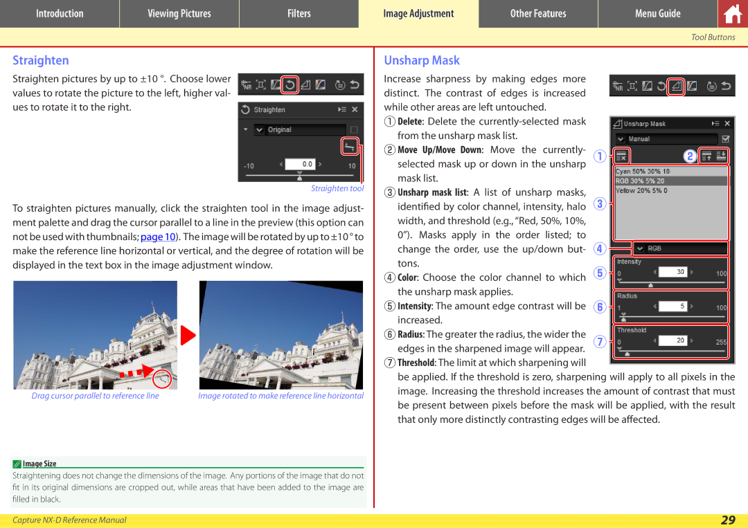 Nikon NX-D manual Straighten Unsharp Mask, Image Size 