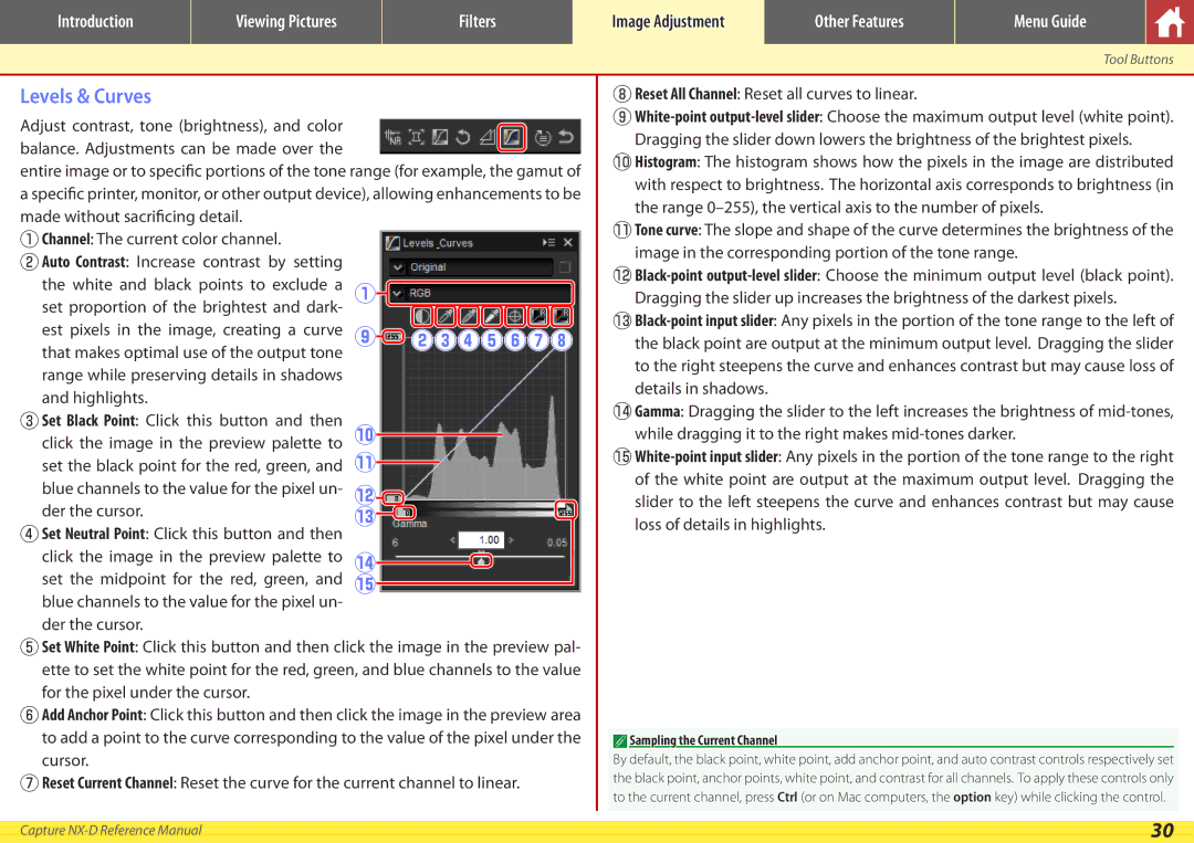 Nikon NX-D manual Levels & Curves, Sampling the Current Channel 