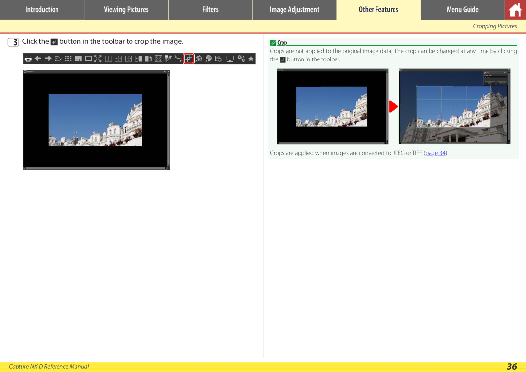 Nikon NX-D manual Click the button in the toolbar to crop the image, Crop 