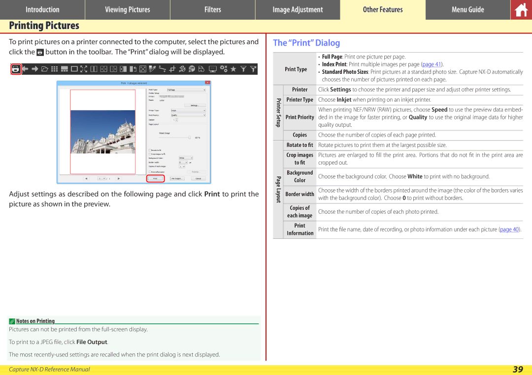 Nikon NX-D manual Printing Pictures, Print Dialog, Print Type 