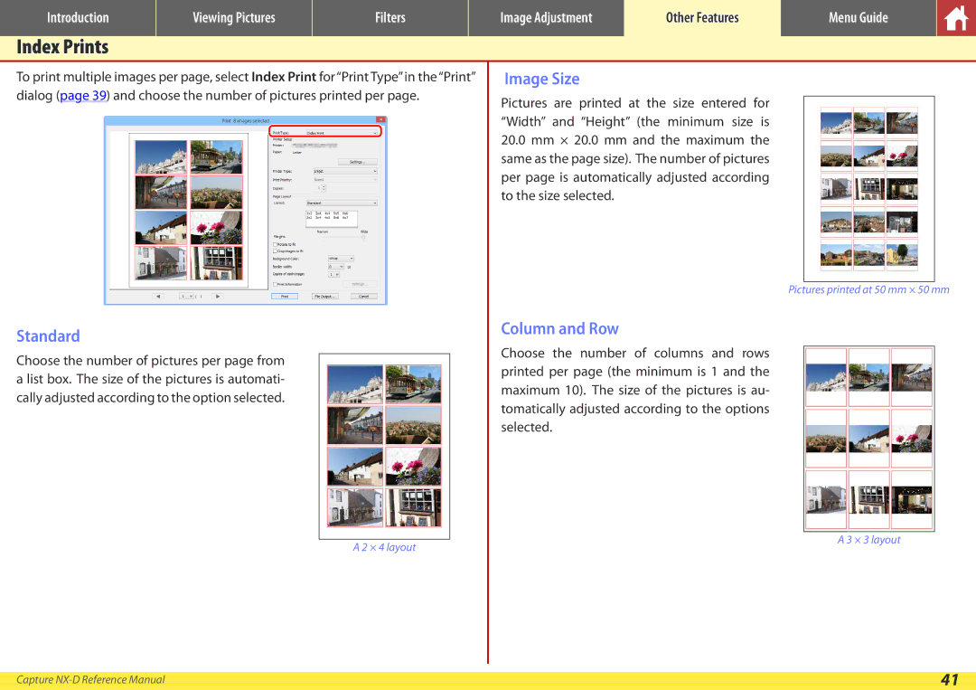 Nikon NX-D manual Index Prints, Standard, Image Size, Column and Row 