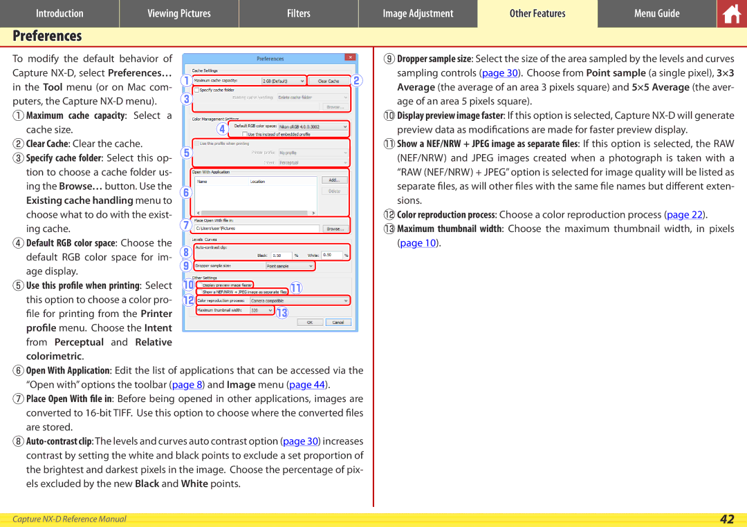 Nikon NX-D manual Preferences, Cache size, ESpecify cache folder Select this op 