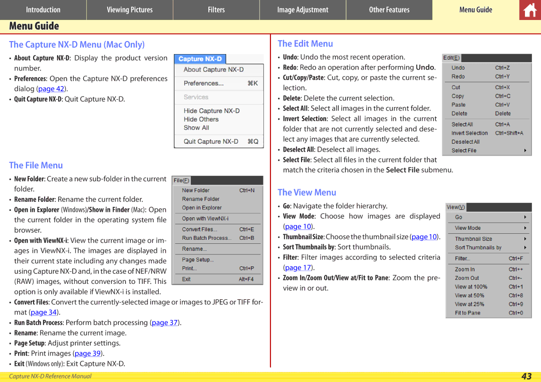 Nikon manual Menu Guide, Capture NX-D Menu Mac Only, File Menu, Edit Menu, View Menu 