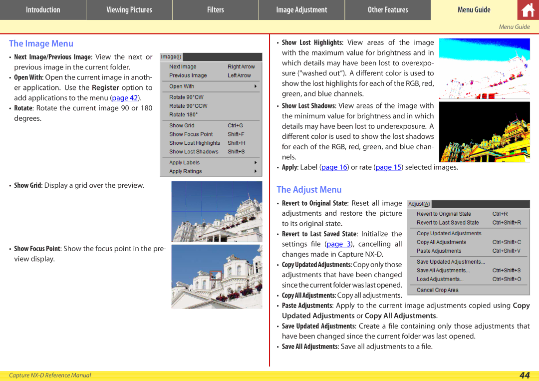 Nikon NX-D manual Image Menu, Adjust Menu, Save All Adjustments Save all adjustments to a file 