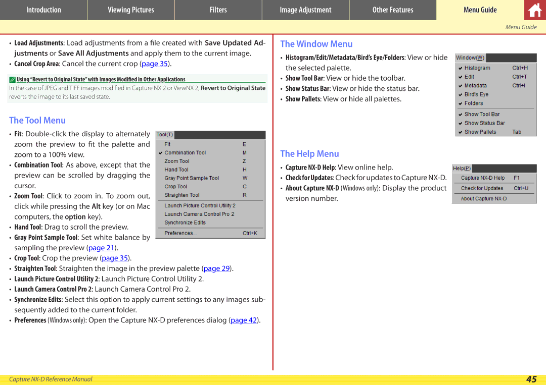 Nikon NX-D manual Tool Menu, Window Menu, Help Menu, Cancel Crop Area Cancel the current crop 