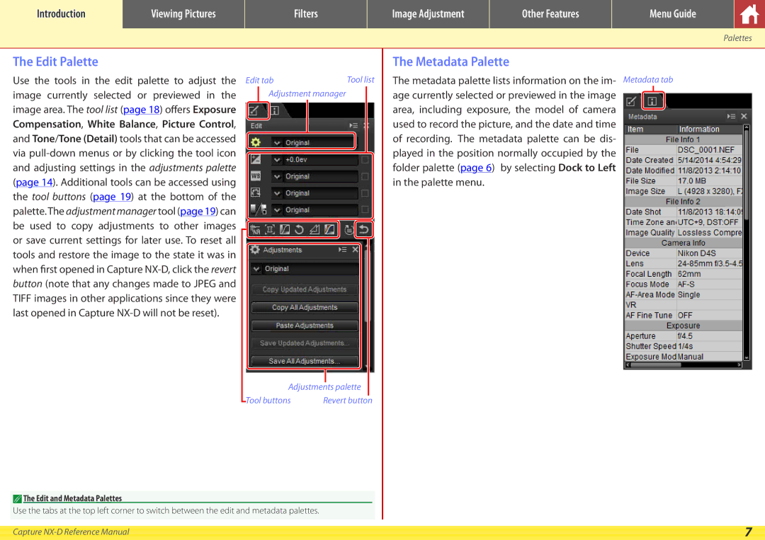 Nikon NX-D manual Edit Palette, Edit and Metadata Palettes 