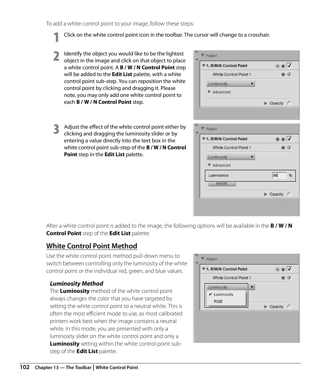 Nikon NX2 user manual White Control Point Method, Luminosity Method 