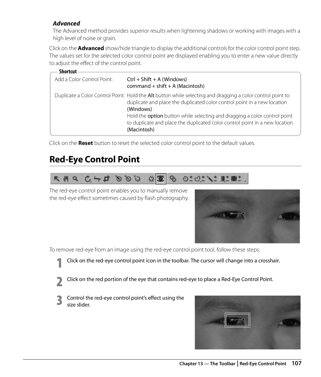 Nikon NX2 user manual Red-Eye Control Point, Advanced, Add a Color Control Point Ctrl + Shift + a Windows 