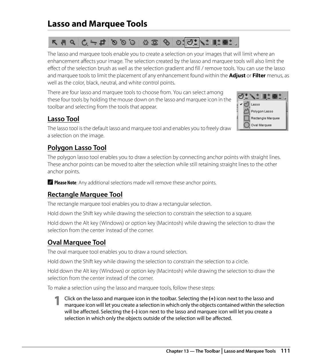 Nikon NX2 user manual Lasso and Marquee Tools, Polygon Lasso Tool, Rectangle Marquee Tool, Oval Marquee Tool 