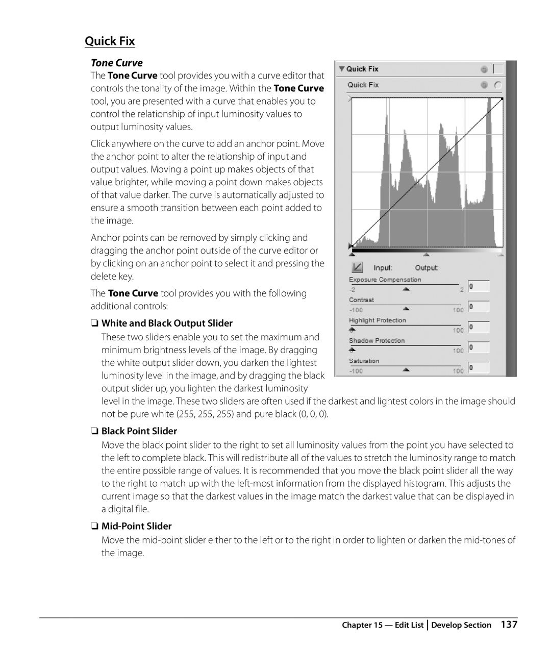 Nikon NX2 user manual Quick Fix, Tone Curve, White and Black Output Slider, Black Point Slider, Mid-Point Slider 