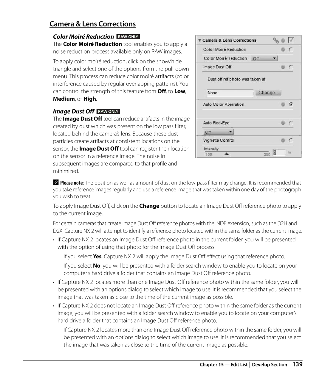 Nikon NX2 user manual Camera & Lens Corrections, Color Moiré Reduction RAW only, Image Dust Off RAW only 