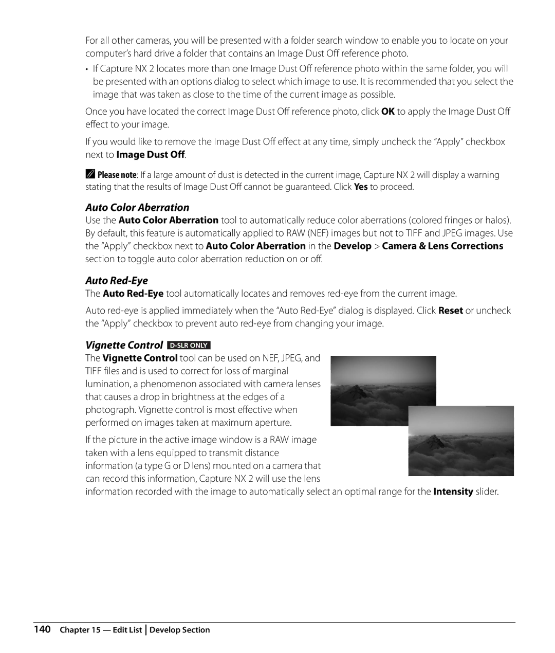 Nikon NX2 user manual Auto Color Aberration, Auto Red-Eye, Vignette Control D-SLR only 