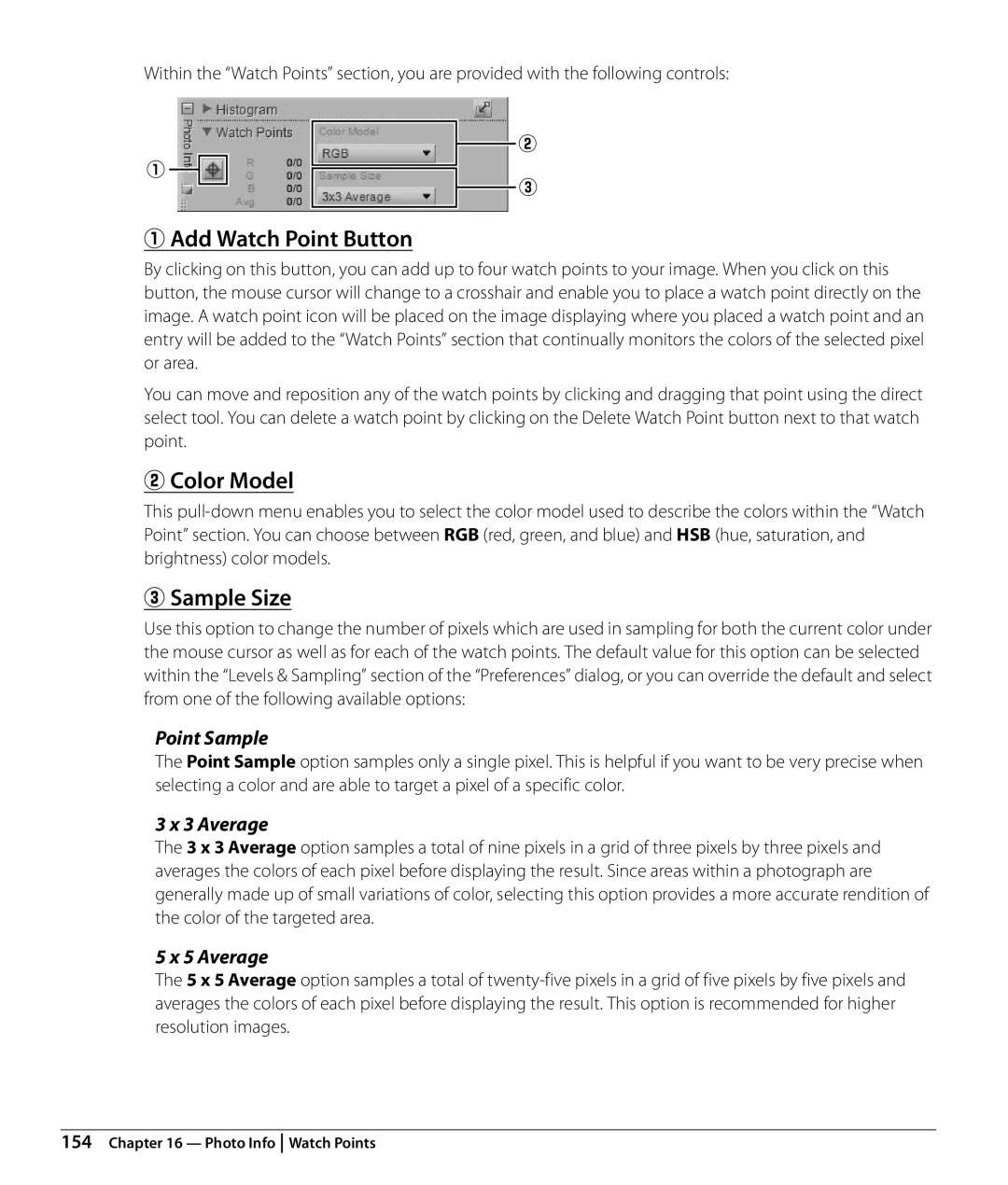 Nikon NX2 user manual Add Watch Point Button, Color Model, Sample Size 