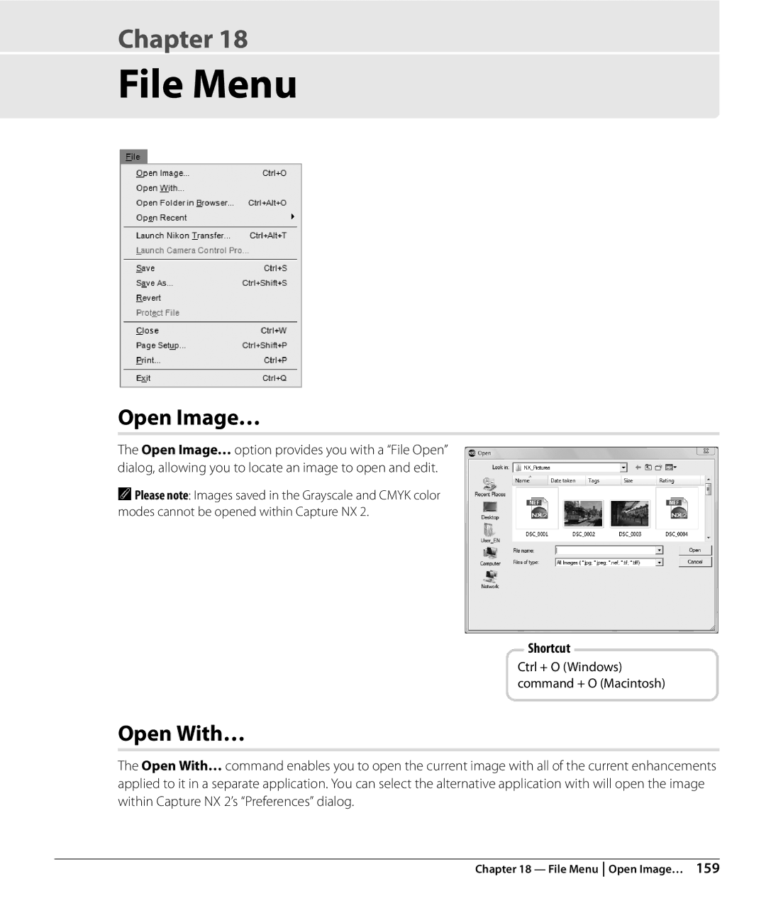 Nikon NX2 user manual File Menu, Open Image…, Open With… 