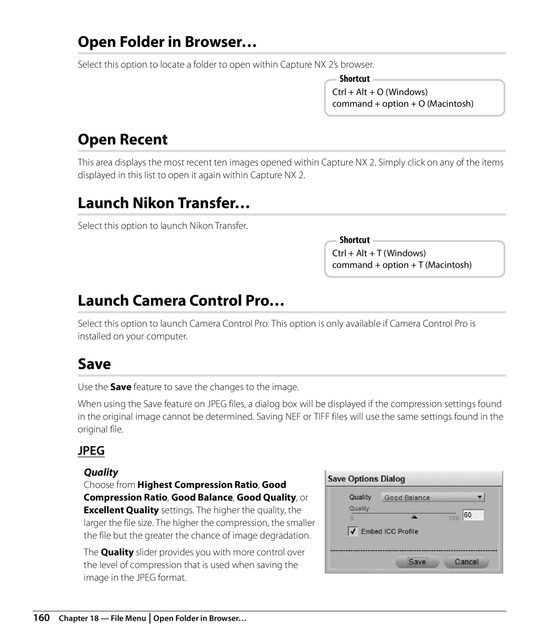 Nikon NX2 user manual Open Folder in Browser…, Open Recent, Launch Nikon Transfer…, Launch Camera Control Pro…, Save 