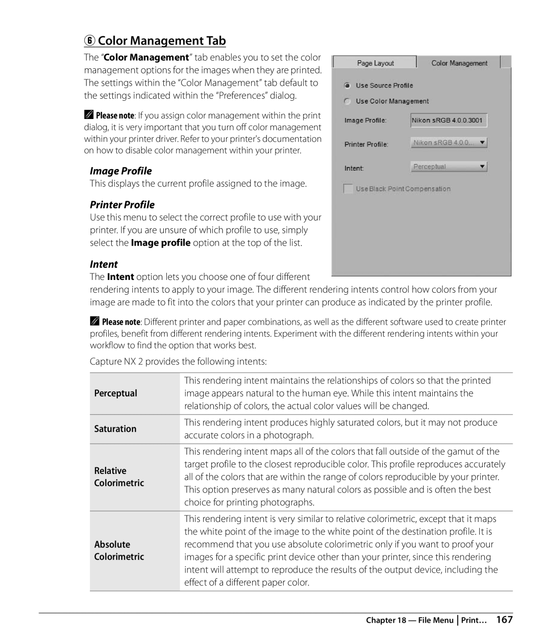 Nikon NX2 user manual Color Management Tab, Image Profile, Printer Profile 