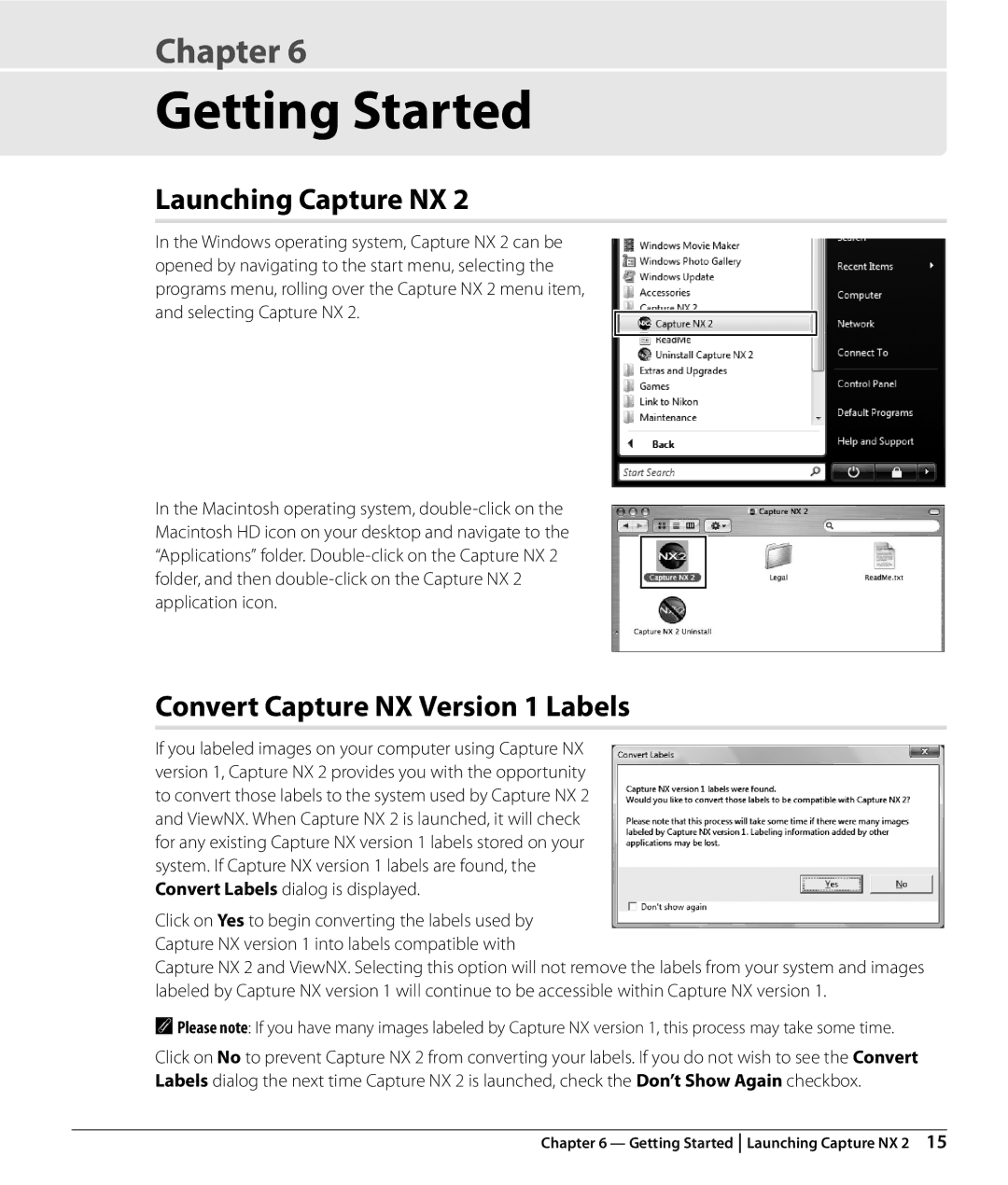 Nikon NX2 user manual Getting Started, Launching Capture NX, Convert Capture NX Version 1 Labels 