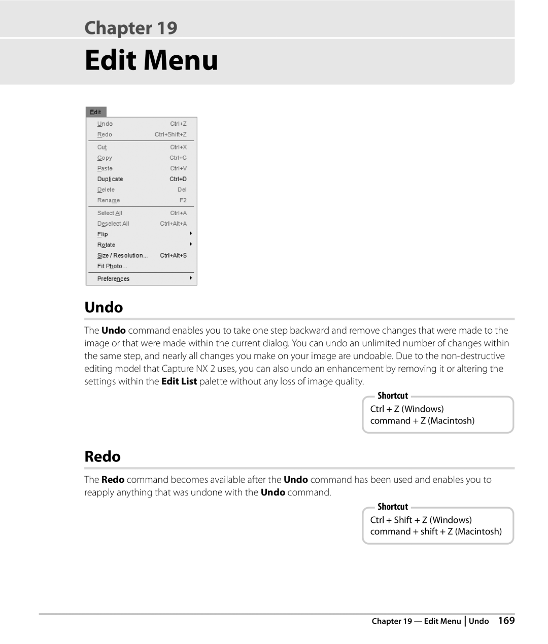 Nikon NX2 user manual Edit Menu, Undo, Redo 