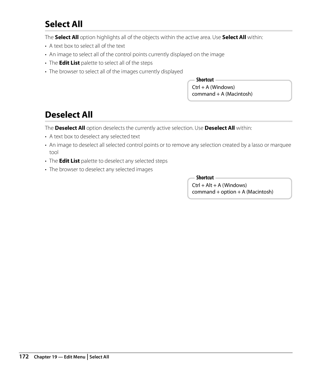 Nikon NX2 user manual Select All, Deselect All, Ctrl + Alt + a Windows Command + option + a Macintosh 