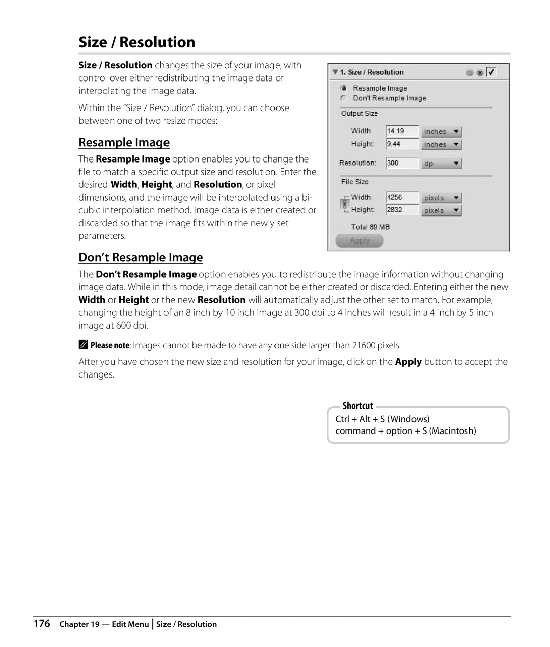 Nikon NX2 user manual Size / Resolution, Don’t Resample Image, Resample Image option enables you to change 