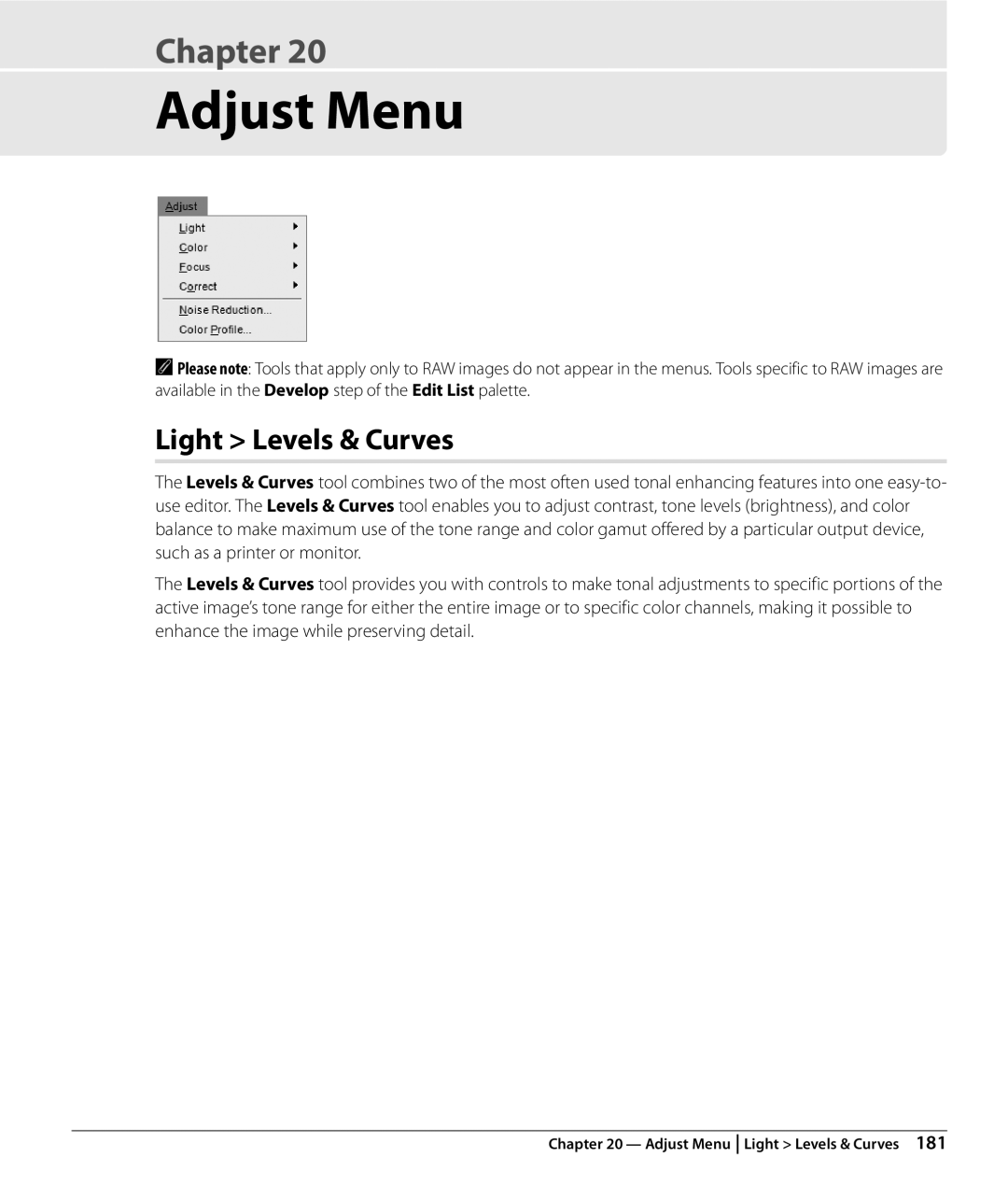 Nikon NX2 user manual Adjust Menu, Light Levels & Curves 