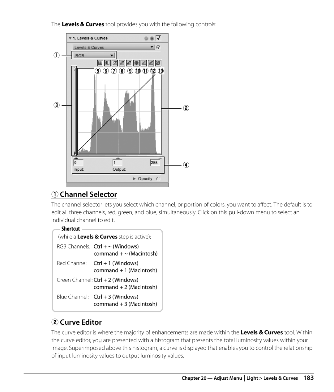 Nikon NX2 user manual Channel Selector, Curve Editor, While a Levels & Curves step is active 