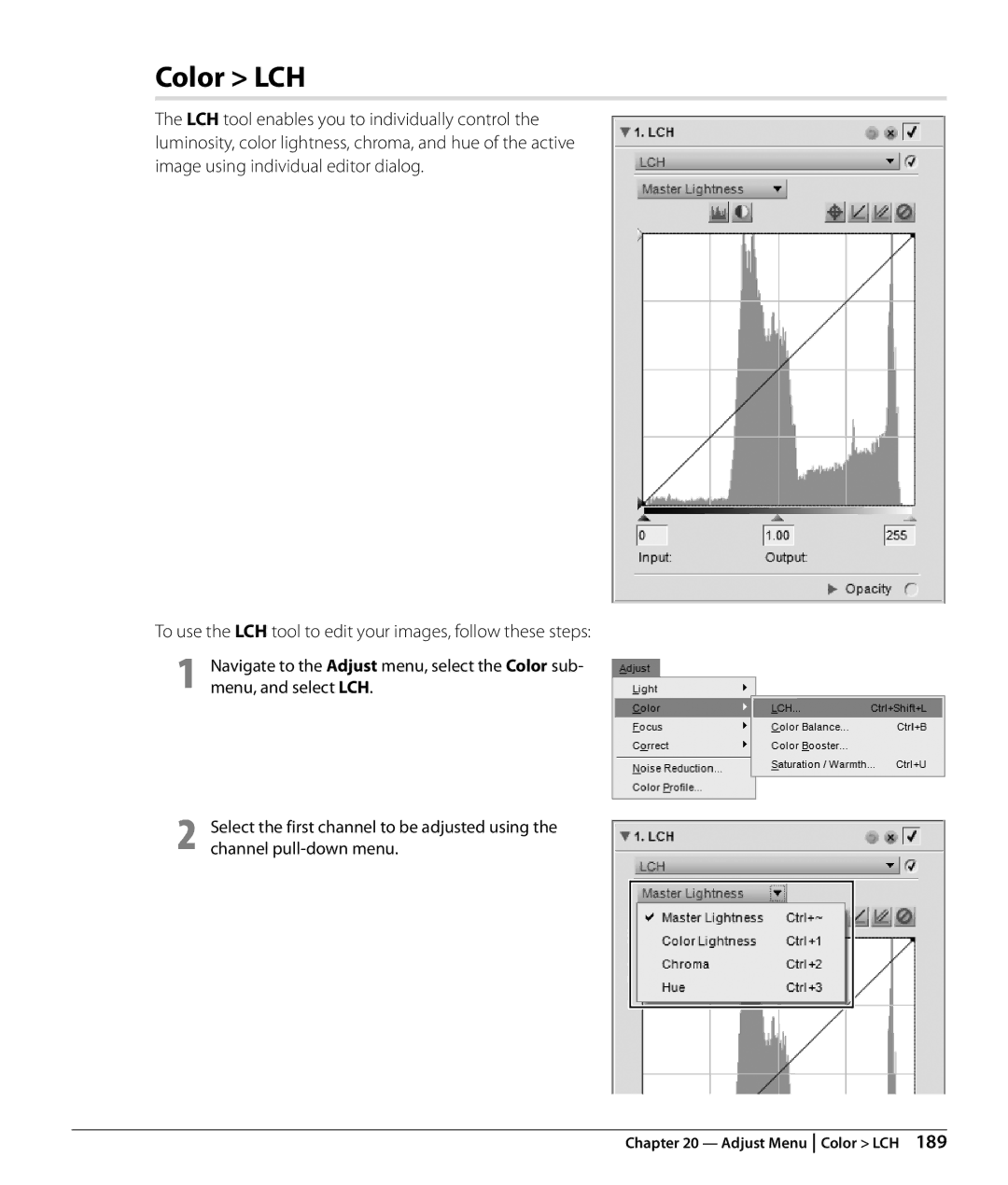 Nikon NX2 user manual Adjust Menu Color LCH 