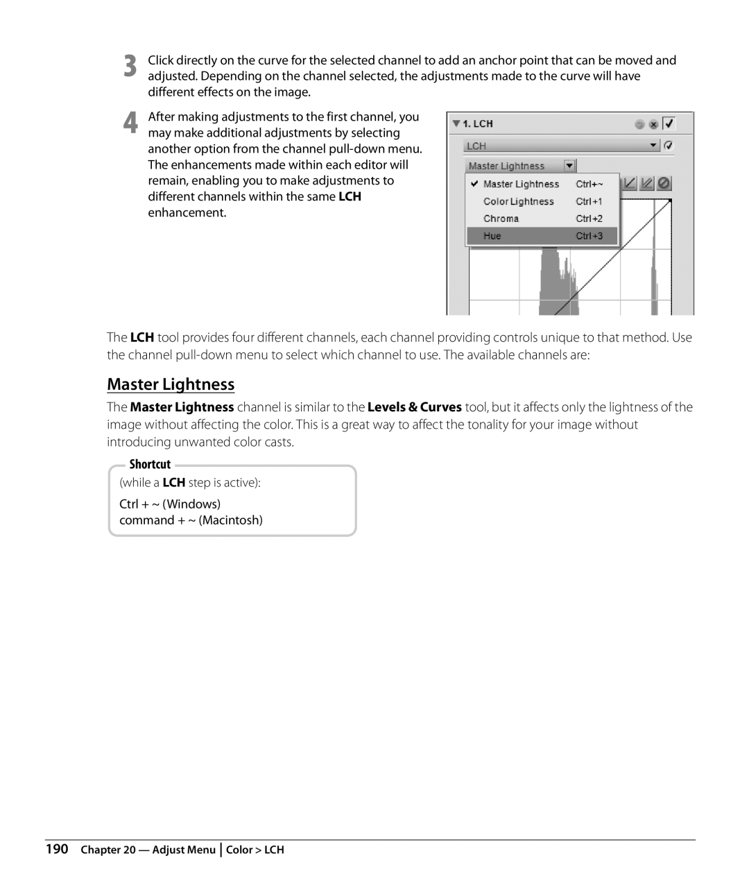 Nikon NX2 user manual Master Lightness, Different effects on the image, Enhancement, While a LCH step is active 