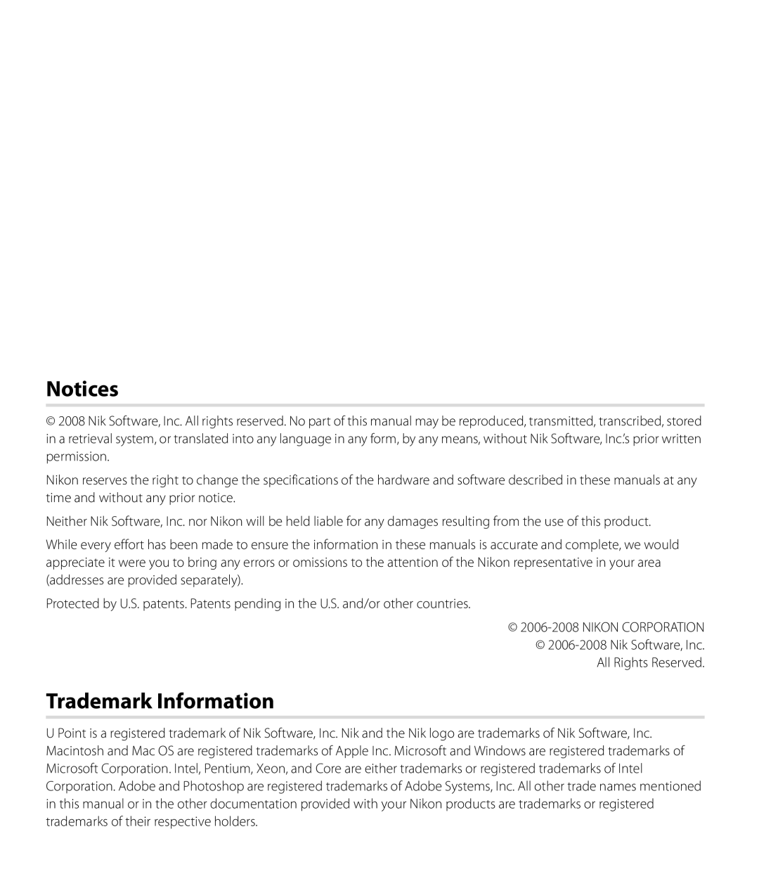 Nikon NX2 user manual Trademark Information, Nik Software, Inc All Rights Reserved 