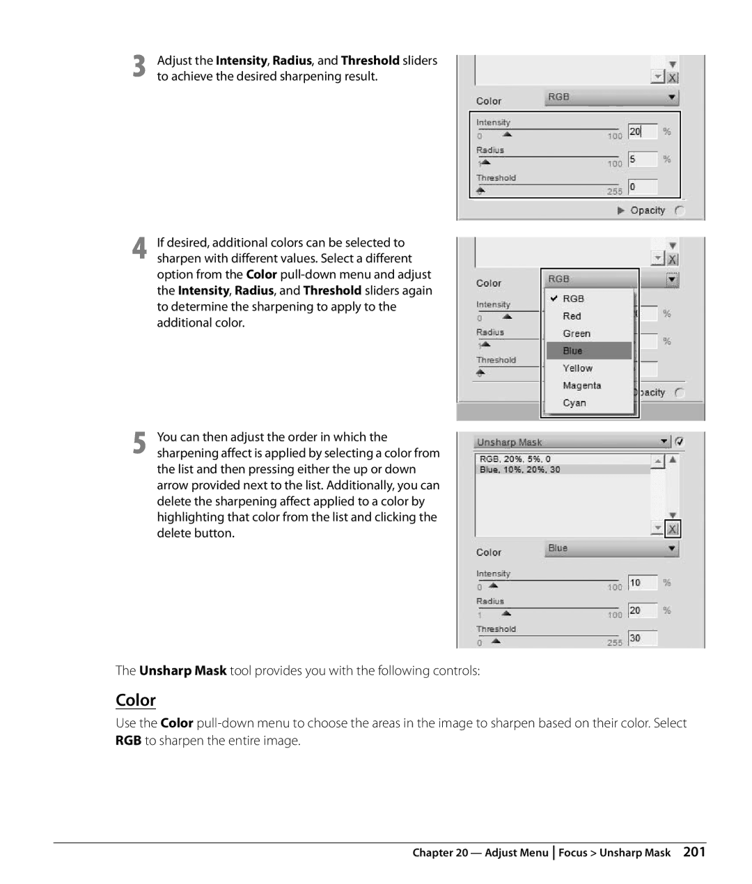 Nikon NX2 user manual Color, Unsharp Mask tool provides you with the following controls 