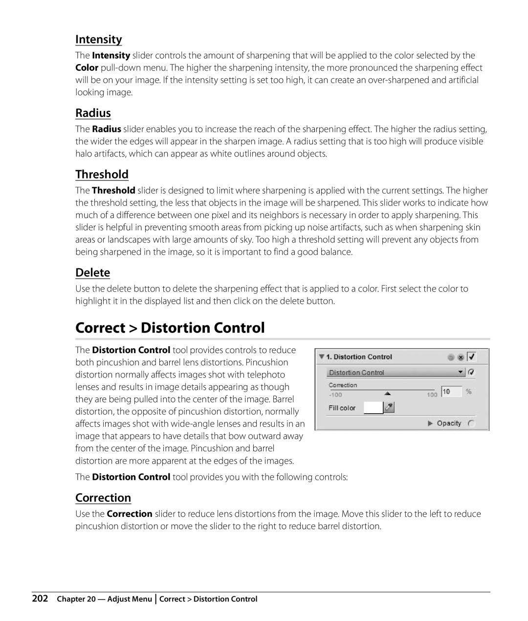 Nikon NX2 user manual Correct Distortion Control, Intensity, Threshold, Correction 