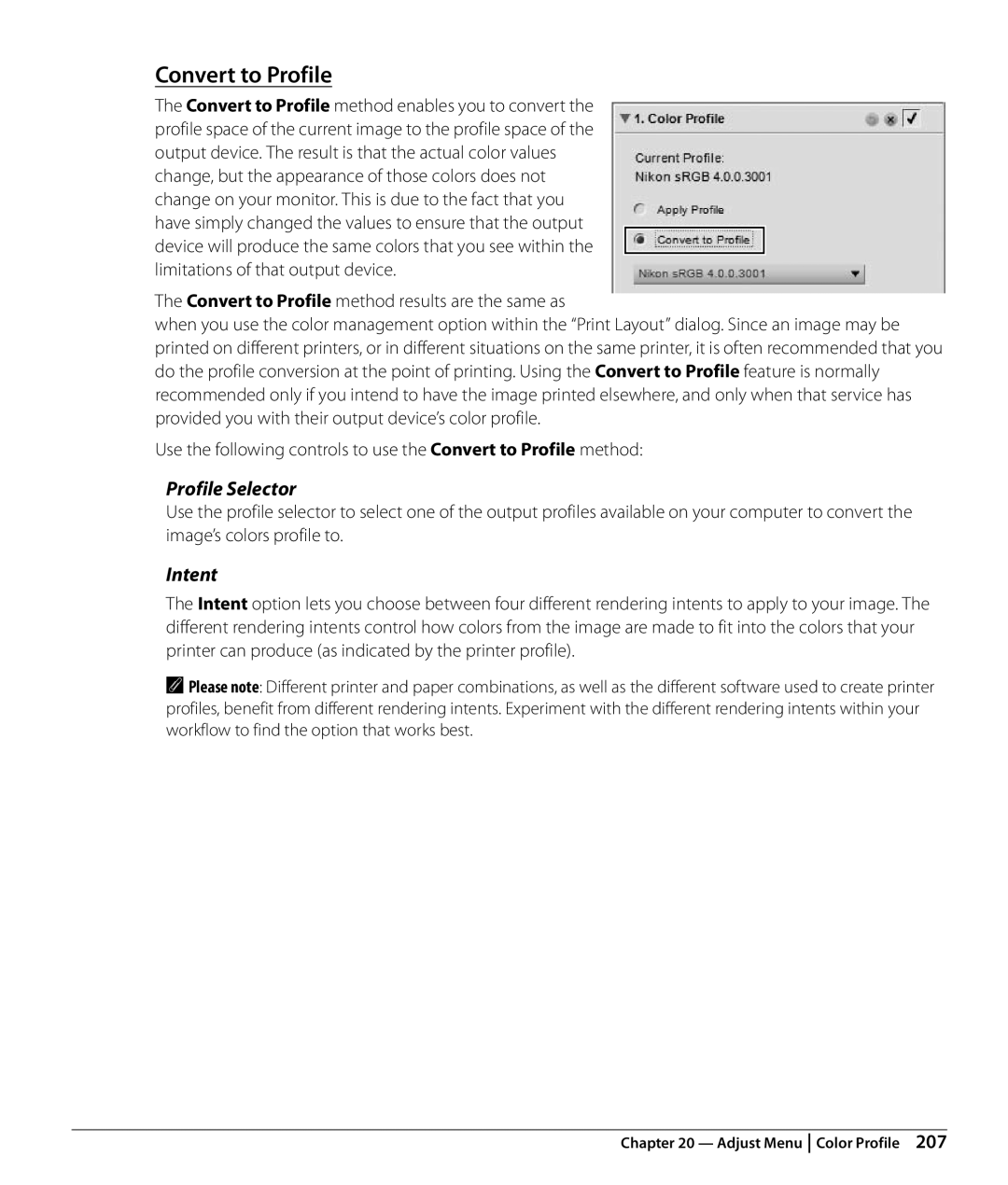 Nikon NX2 user manual Convert to Profile, Intent 