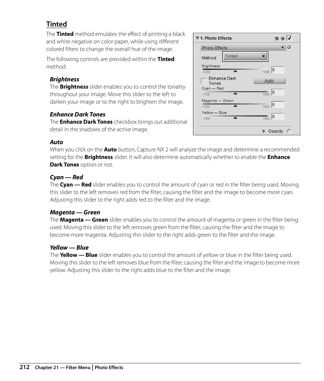 Nikon NX2 user manual Following controls are provided within the Tinted method 