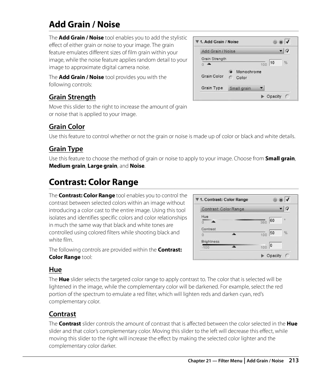 Nikon NX2 user manual Add Grain / Noise, Contrast Color Range, Grain Strength, Grain Color, Grain Type 