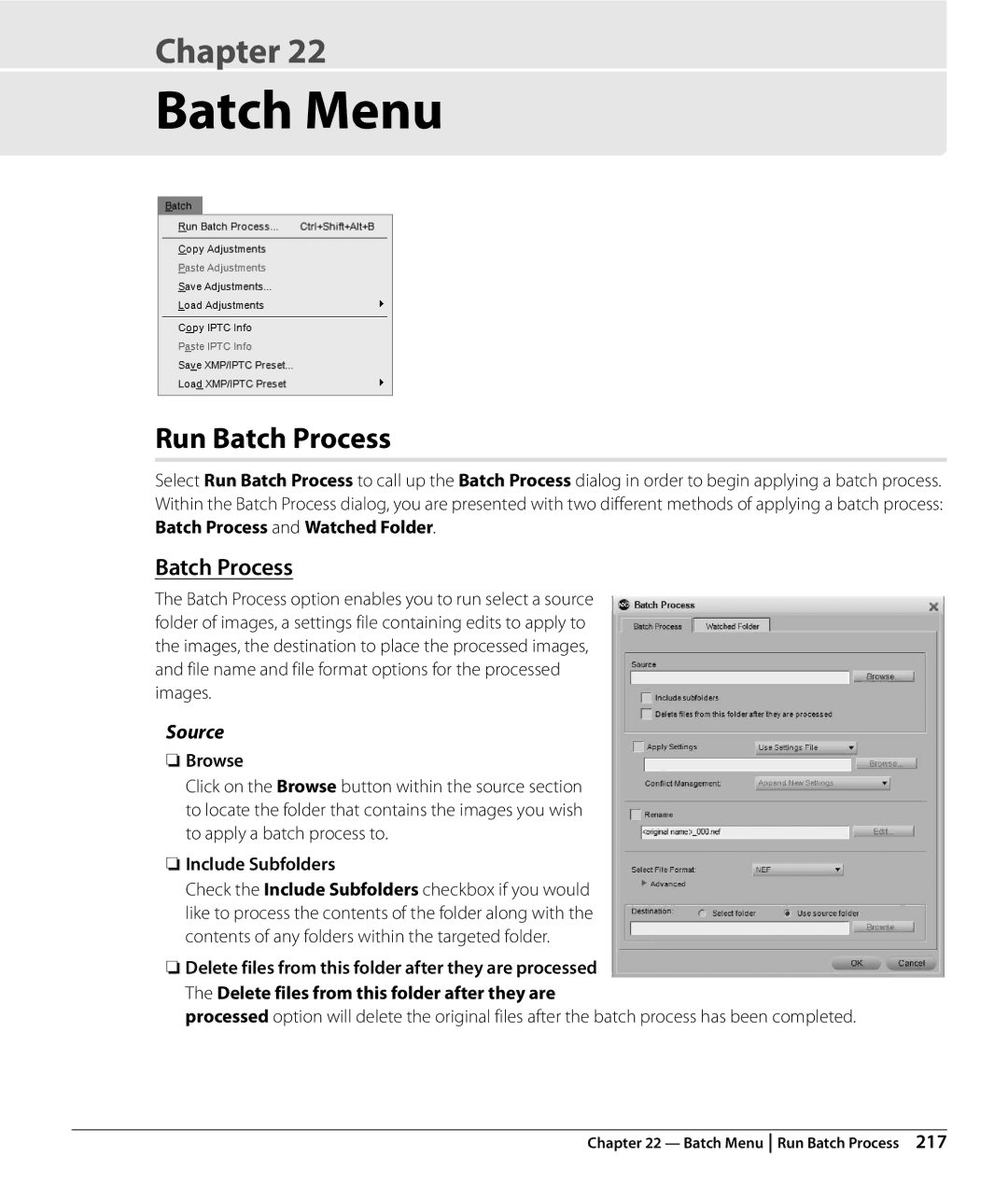 Nikon NX2 user manual Batch Menu, Run Batch Process, Source 