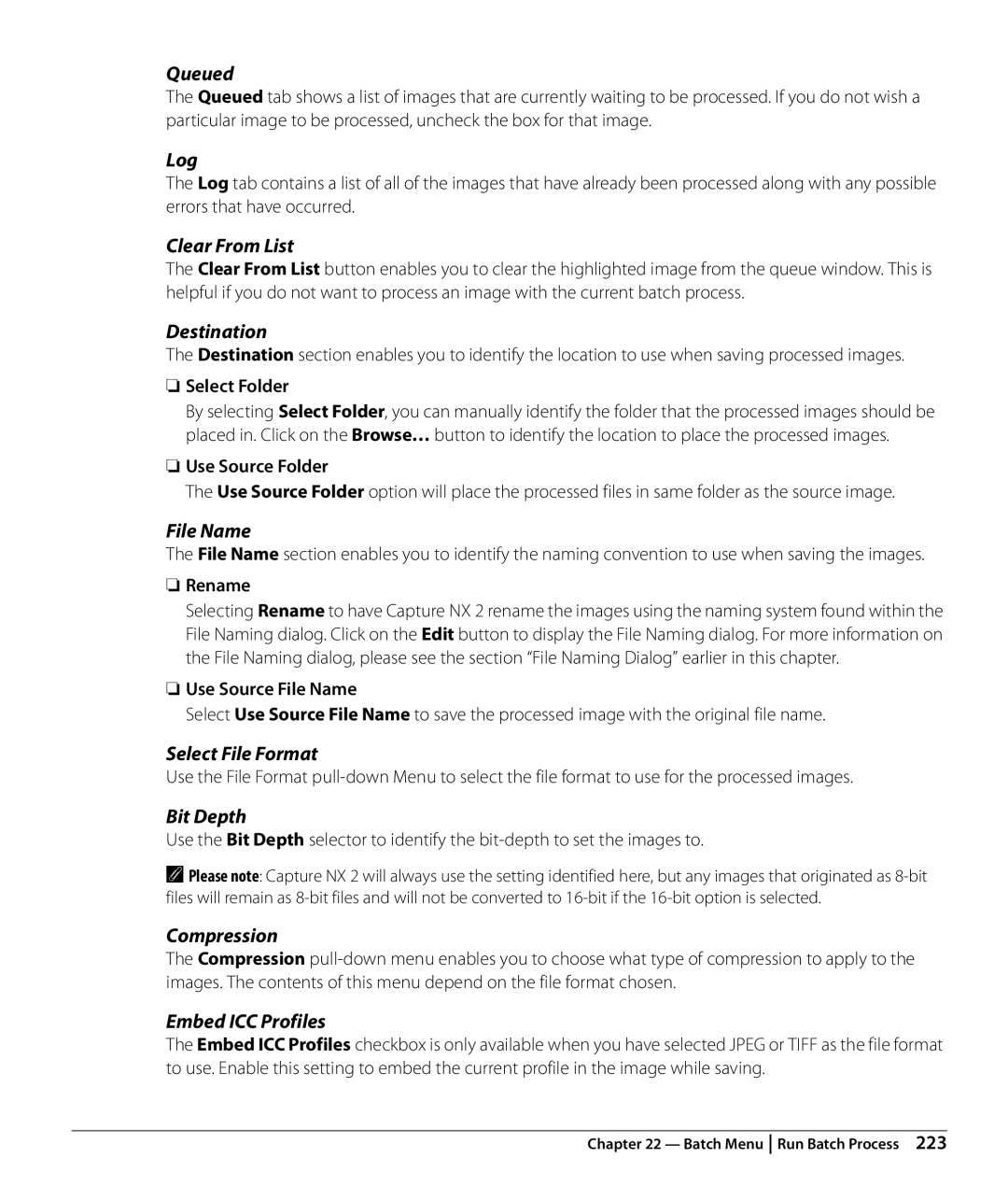 Nikon NX2 user manual Queued, Log, Clear From List, File Name, Embed ICC Profiles 