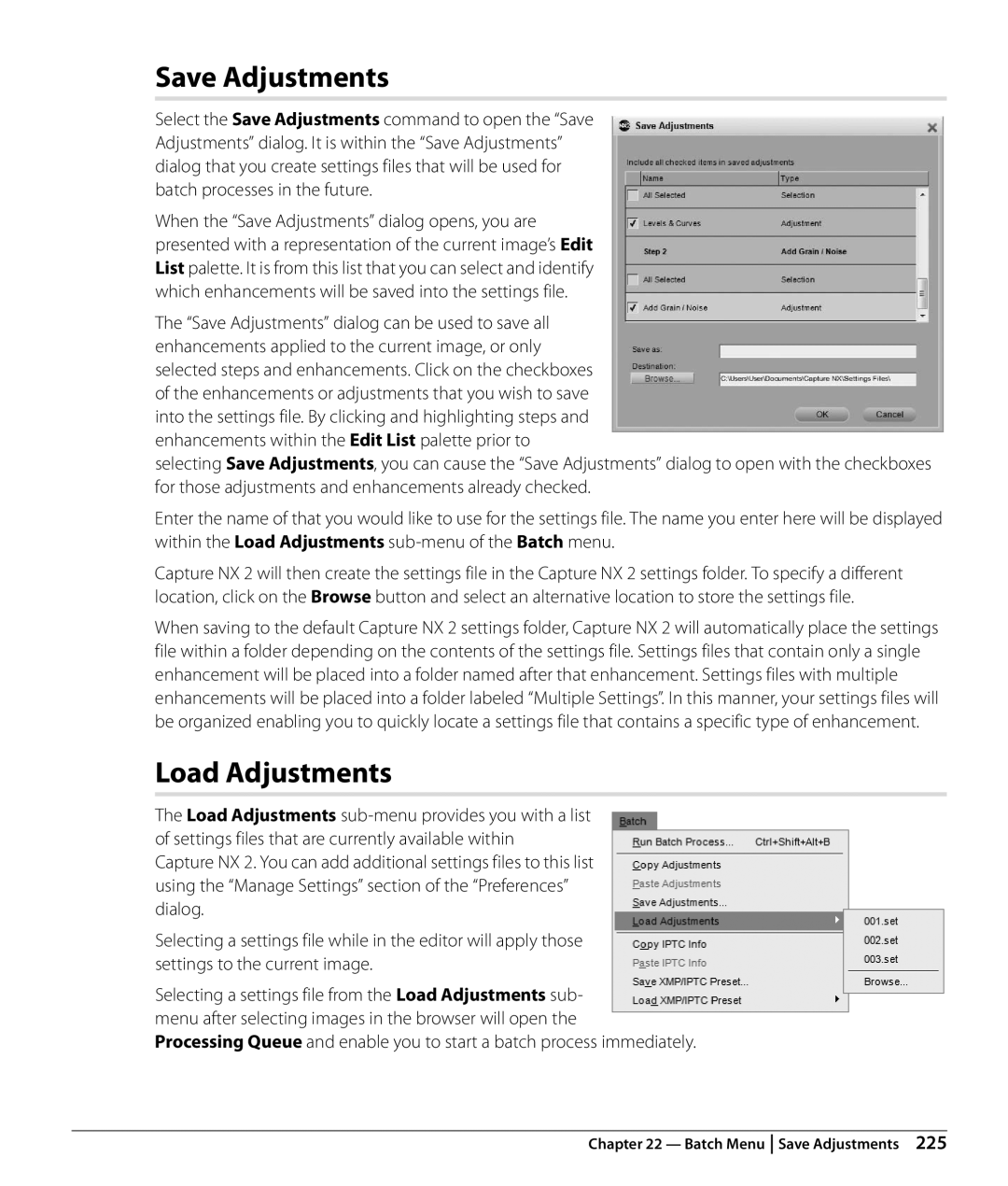 Nikon NX2 user manual Save Adjustments, Load Adjustments 